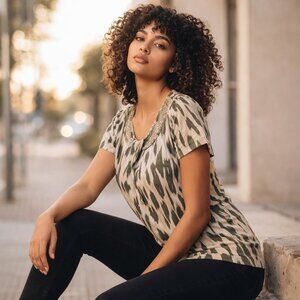 INC International Concepts Beaded Top Size Small Abstract Print Rayon Blouse